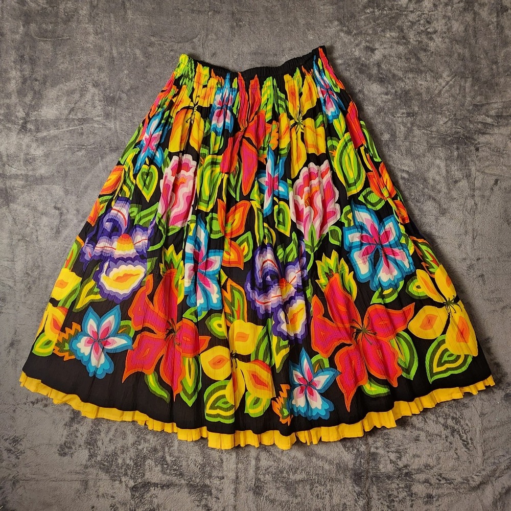 Vtg Gottex Skirt Made in Israel 100% Cotton Colorful Floral Print Pleated Ruffle